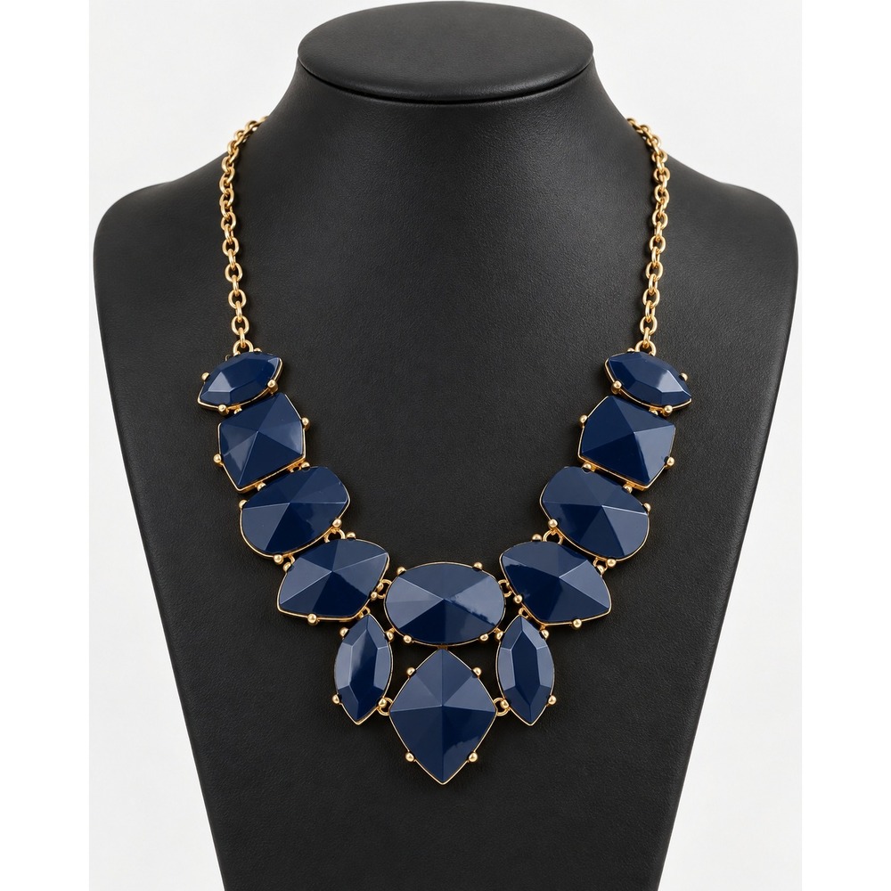 Navy Blue Statement Necklace Gold Tone Geometric Faceted Bib Jewelry